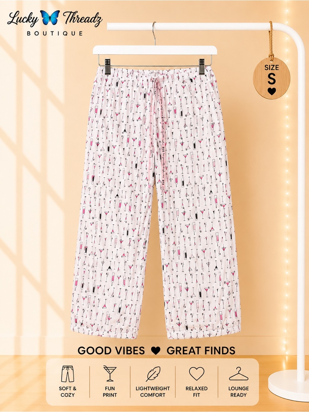 HUE Pink and Black Cocktail Print Pajama Pants Size Small